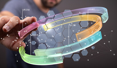 Man interacts with 3D data visualization charts. Business analytics, technology, growth concept.
