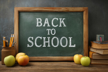 Back to school chalkboard apples pencils books wooden desk