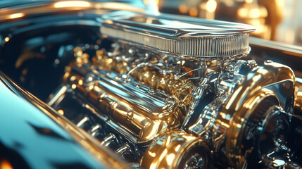 Fototapeta premium Close-Up of Classic Car Engine With Sparkling Chrome and Brass Details – Vintage Automotive Mechanical Detail