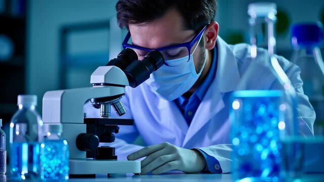 PFAS removal concept ,Scientist Conducts Research and Analysis Laboratory with Microscope, Glassware, and Blue Liquid Surroundings