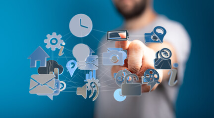 Man interacts with digital icons, network, technology, connection, data