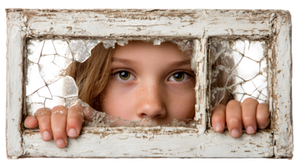 Portrait of a young girl peering curiously through a cracked vintage windowpane