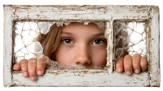 Portrait of a young girl peering curiously through a cracked vintage windowpane