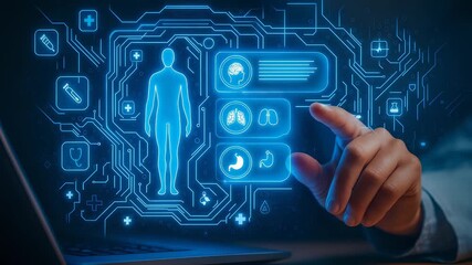 Hand Touching Digital Human Health Icons Medical Screen Technology - Powered by Adobe