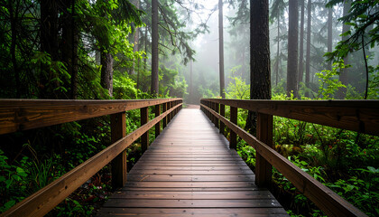 Serene wooden bridge path leading through green forest filled with trees and nature on misty morning. tranquil journey into peaceful, foggy woods