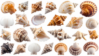 Beautiful assortment and collection of marine seashell specimens isolated on white background. This detailed macro pattern shows various mollusk and ocean shells