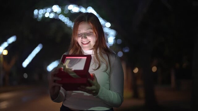 Woman opening glowing Christmas gift box at night with festive lights background