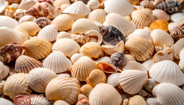 Serene collection of natural seashell creating textured background. pile of various ocean shells from beach, beautiful reminder of summer vacation and seaside
