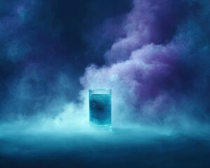 Glass of fizzy blue water against dark dreamy cloudscape. Ethereal, vaporwave aesthetic, mysterious, still life