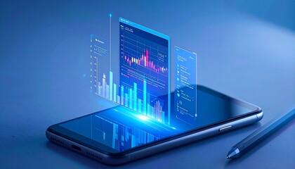 Smartphone application displaying business graphs chart and analytics data on an isometric mobile phone, Generated with AI.