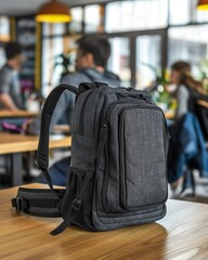 Fototapeta premium Minimalist dark gray backpack on a wooden table in a bright cafe, soft bokeh and warm light. Versatile commuter bag for students or professionals, perfect for tech, travel, lifestyle, and branding