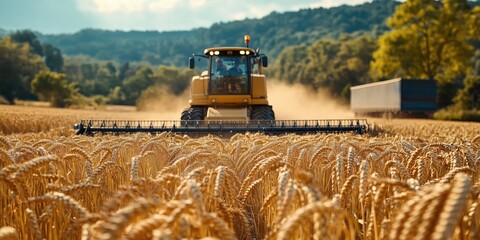 Powerful combine harvests golden wheat under warm sunset light, dust trailing across a rural field. Evokes productivity and sustainability, ideal for agribusiness, food, and farming campaigns.