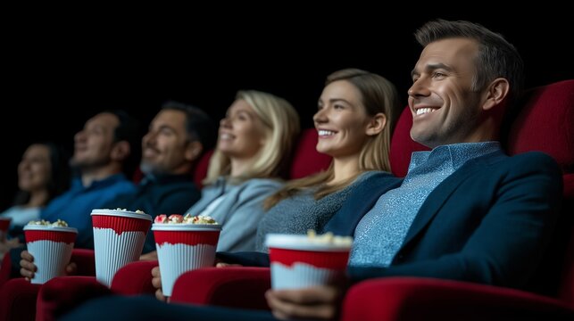 Diverse adults enjoying a movie in red theater seats, smiling with popcorn and focused on the screen. Warm, upbeat mood ideal for campaigns about entertainment, leisure, lifestyle, and togetherness. - Powered by Adobe
