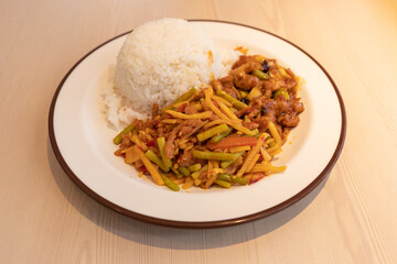 Ginger and shredded pork over rice
