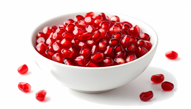 White bowl full of fresh juicy red pomegranate seed aril. Healthy fruit food isolated on white background. delicious and vibrant ingredient for healthy diet