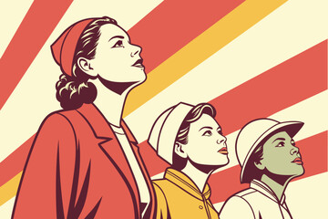 Obraz premium Retro Pop-Art Women — Empowering Vector Illustration in Bold Red, Yellow, Cream Palette for Poster & Apparel