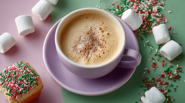 Cup of coffee with a sprinkle of green and red on top sits on a purple plate. A donut with sprinkles sits next to the coffee