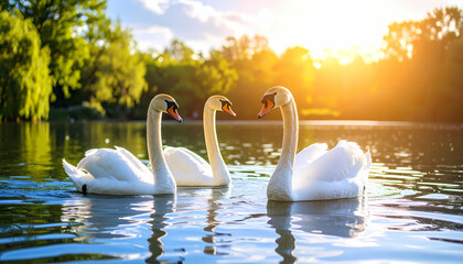Three beautiful white swan bird swimming on tranquil lake at sunset. golden light of sun reflects on water creating peaceful nature scene