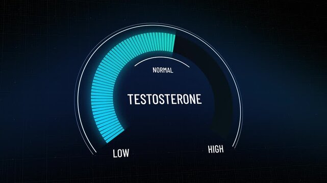 Digital animated testosterone gauge moving from high to normal levels, presentation showing hormonal health, body hormone presentation background, medical concept indicator, copy space
