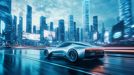 Fototapeta premium A futuristic car driving through a cityscape of towering skyscrapers and holographic billboards 