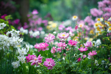 Obraz premium Pretty pink and white flowers bloom in a lush garden a beautiful floral scene