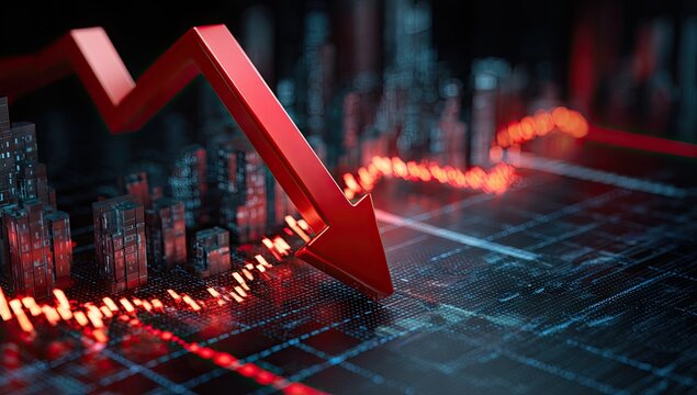 Red arrow plummeting over miniature cityscape; stock market crash or economic downturn - Powered by Adobe