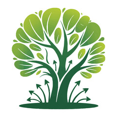 Stylized tree illustration with upward arrows and green leaves, symbolizing growth, progress, sustainability, and eco-friendly development