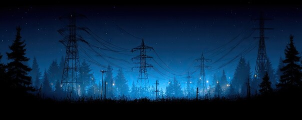 Electric lines cut through a nighttime forest under a starlit sky