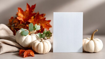White card with a pumpkin on it sits on a table with a pile of pumpkins and leaves