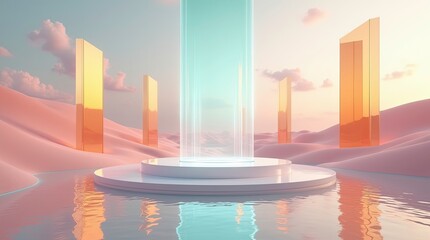 A surreal futuristic landscape with pastel pink sand dunes reflective water and tall translucent