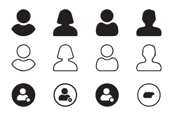Set of Simple Black and White Human Profile and User Icons in Circular Style vector illustration 