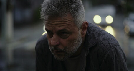 Middle aged man looking upward with raised hands in rain, emotional expression of questioning or spiritual plea