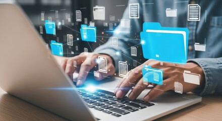 A person types on a laptop, with glowing blue folders and document icons symbolizing data management