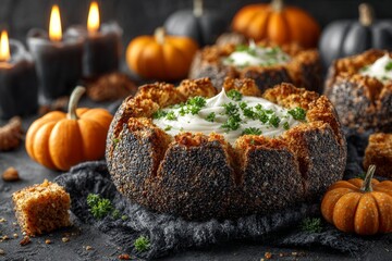 Spider Dip Bowl filled with creamy spread, topped with parsley, surrounded by orange pumpkins. Concept of cozy autumn vibe, featuring Spider Dip Bowl and warm lighting.