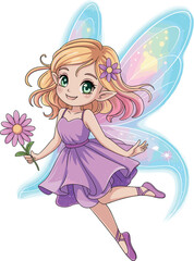 Charming anime fairy girl with flower, glowing wings and purple dress, cute magical fantasy illustration for kids and decor