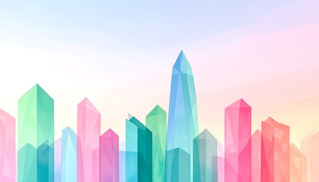 Pastel-colored, geometric cityscape at sunrise or sunset