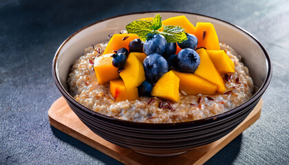 creamy oatmeal topped with fresh mango blueberries and flax seeds for healthy breakfast
