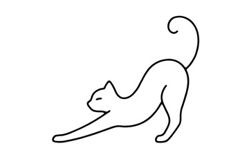 Minimalist black line drawing of a stretching cat silhouette on white background. Simple outline vector illustration, clean modern pet design, perfect for icons, logos, prints, and stock graphics. © Abu Hanipha