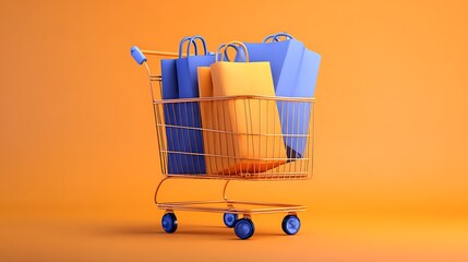 orange shopping cart icon in 3d with blue bags on orange background
