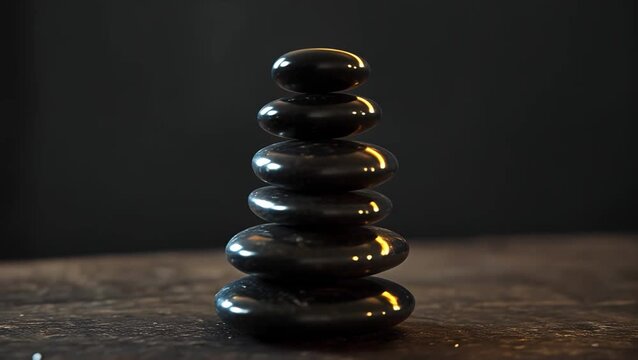 Smooth black spa stone stacked stone tower of polished black stone and smooth pebble balance zen meditation � warm soft side light evoking calm
