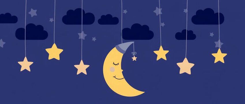 cute sleeping moon in blue sky illustrated animation