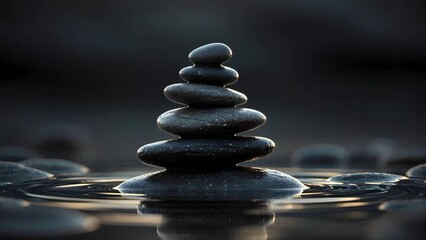 Stacked pebble stone stack balance zen reflection water ripple smooth black stones balanced tower soft evening light calm meditative serenity - Powered by Adobe
