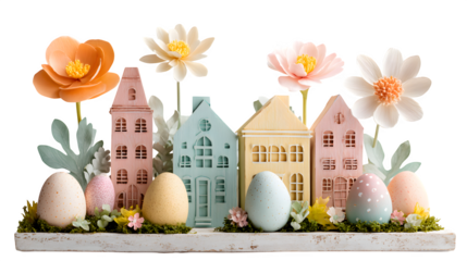 Whimsical Easter display with pastel houses and paper flowers