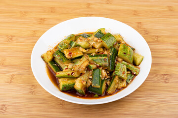 The cold cucumber salad on the plate