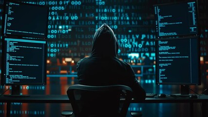 back view of Man wearing black hoody hacker breaking security system on computer. Cyber attack concept. Data theft criminal. Blue light digital screen footage
- Powered by Adobe