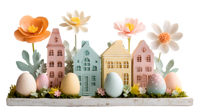 Whimsical Easter display with pastel houses and paper flowers