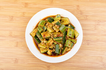 The cold cucumber salad on the plate