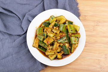 The cold cucumber salad on the plate