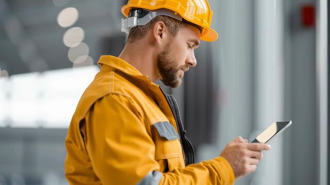 male engineer, technician wearing safety uniform working using tablet Online information to monitor machine operation, check maintenance plan to make a machine work efficiently and safety	
