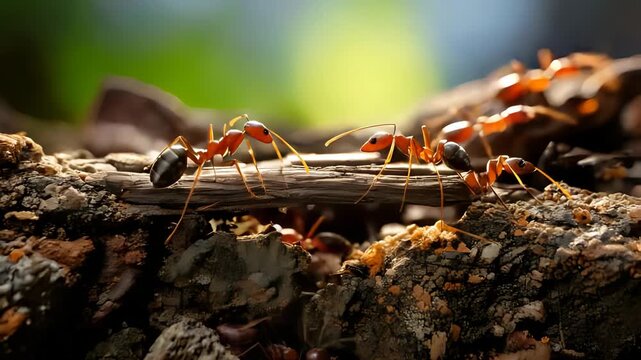 A close-up macro video of red ants working together on a tree branch in a forest environment,